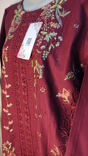 2-PC Cotton lawn Floral Chicken kaari - Stiched - Maroon