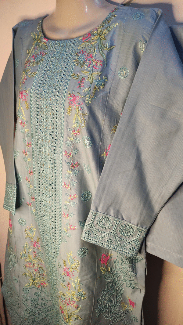 2-PC Cotton lawn Floral Chicken kaari - Stiched - Light Blue