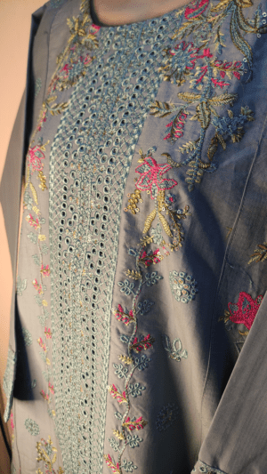 2-PC Cotton lawn Floral Chicken kaari - Stiched - Light Blue