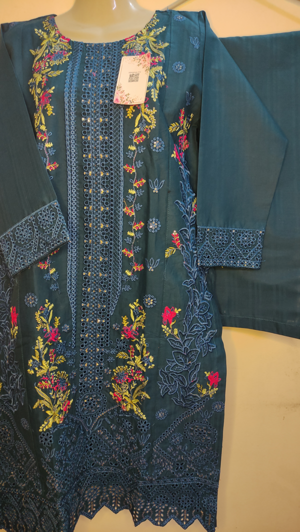 2-PC Cotton lawn Floral Chicken kaari - Stiched - Sherpa Blue