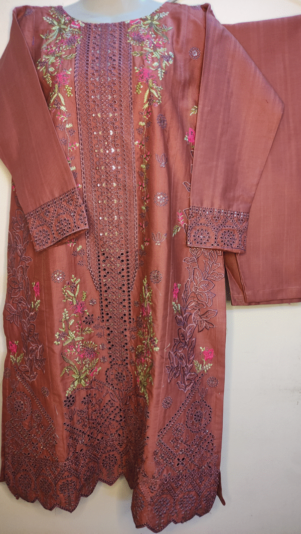2-PC Cotton lawn Floral Chicken kaari - Stiched - Tea Pink