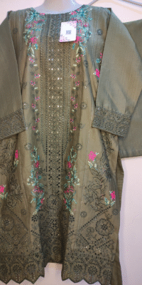2-PC Cotton lawn Floral Chicken kaari – Stiched – Olive Green
