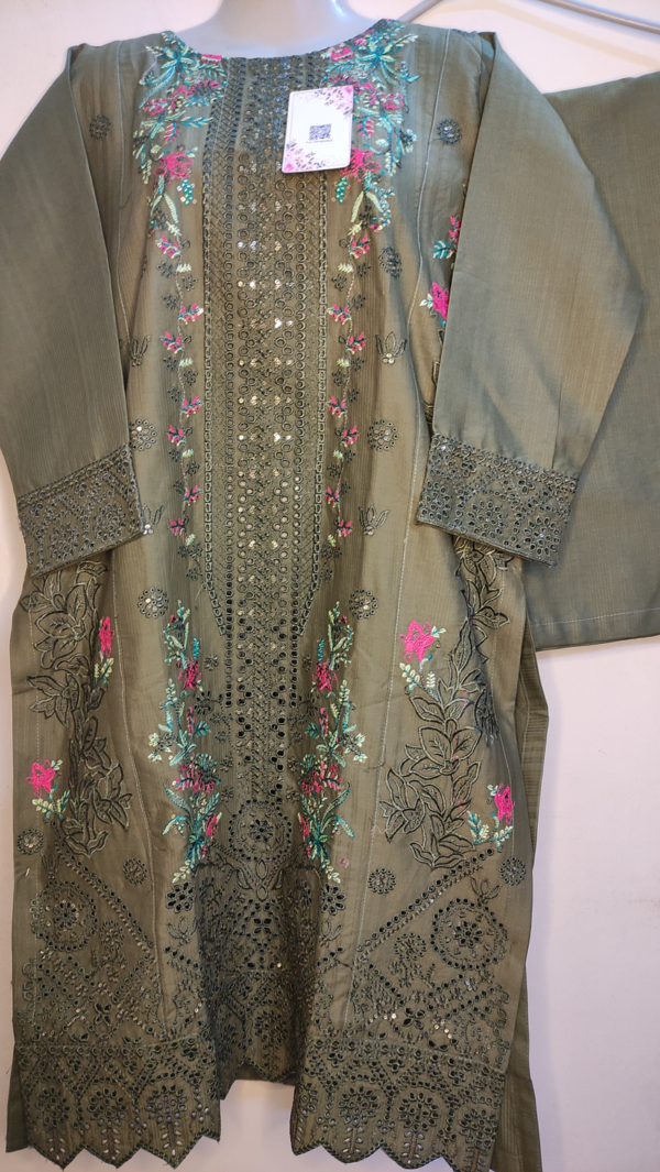 2-PC Cotton lawn Floral Chicken kaari - Stiched - Olive Green