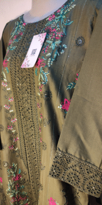 2-PC Cotton lawn Floral Chicken kaari – Stiched – Olive Green