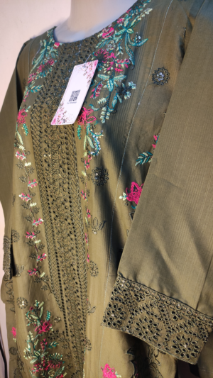 2-PC Cotton lawn Floral Chicken kaari - Stiched - Olive Green